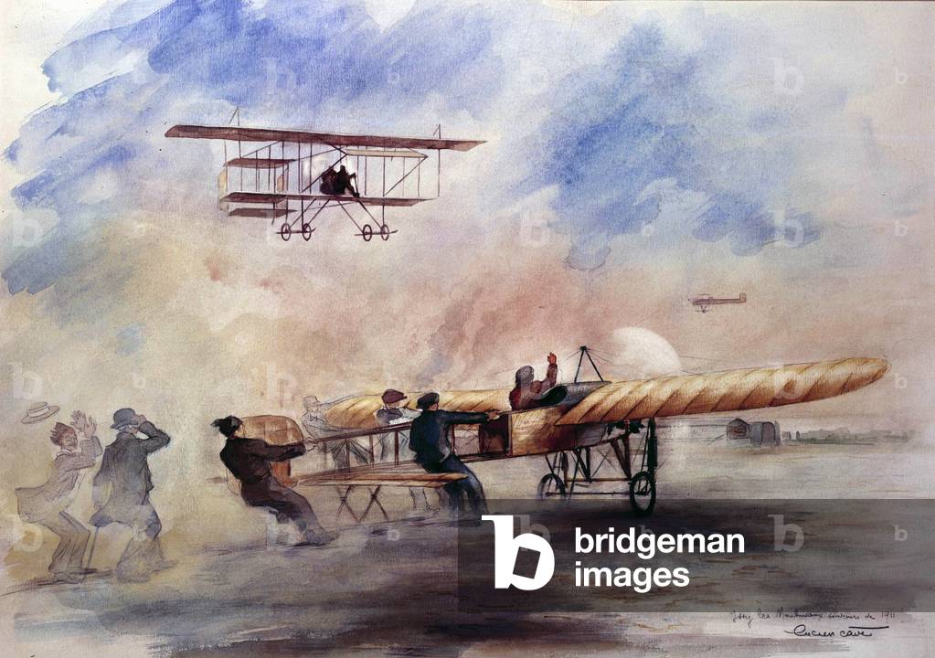 Bild von Zeichnung "Verließen 1911 einen Bleriot in Issy les Moulineaux (Gemälde)" 1911 von Lucien Cave