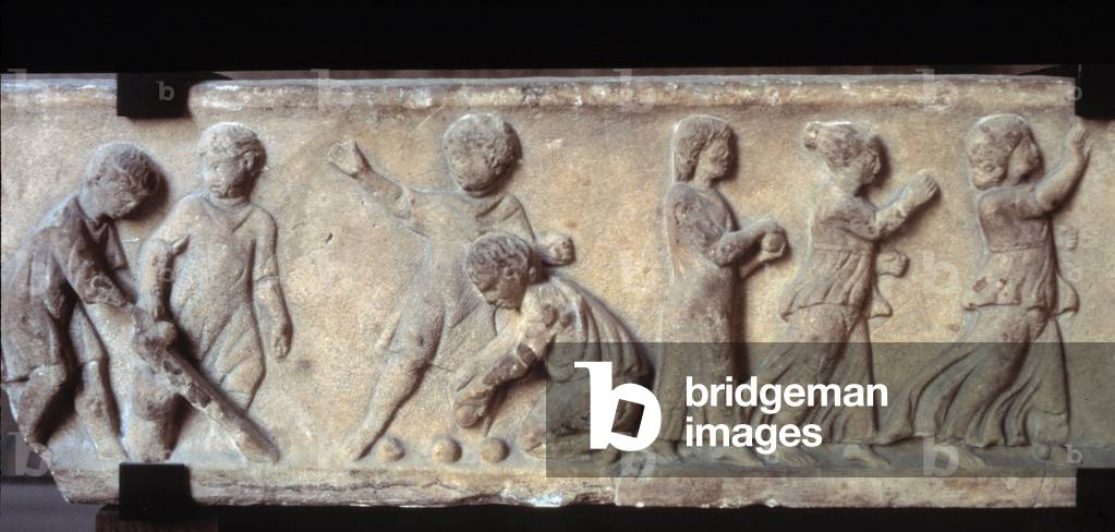 Gallo Roman art: frieze in low relief from a sarcophagus and representing children playing ball, 2nd century A