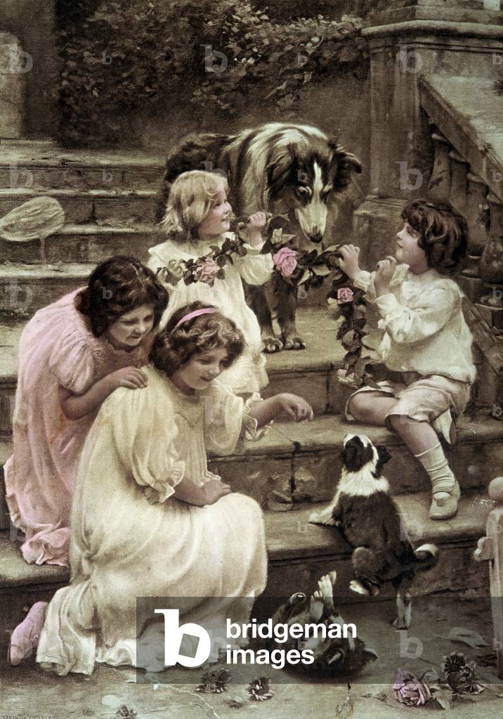 Little children playing with dogs Coloree postcard from the beginning of the 20th century (photo)