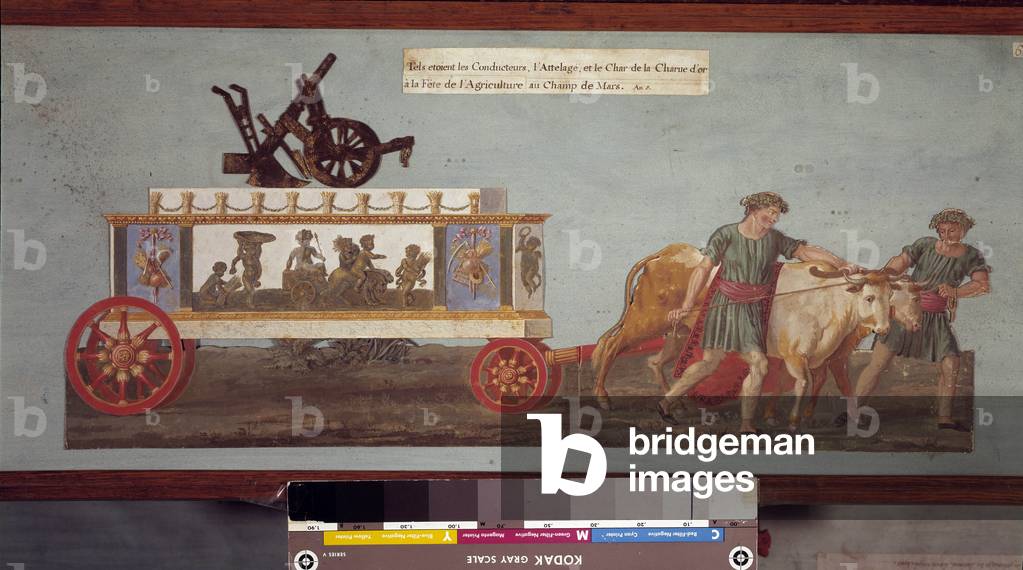 Fete de l'agriculture, chariot of the Revolutionary Fete gold plough which began in 1799 on the Champs de Mars (gouache)