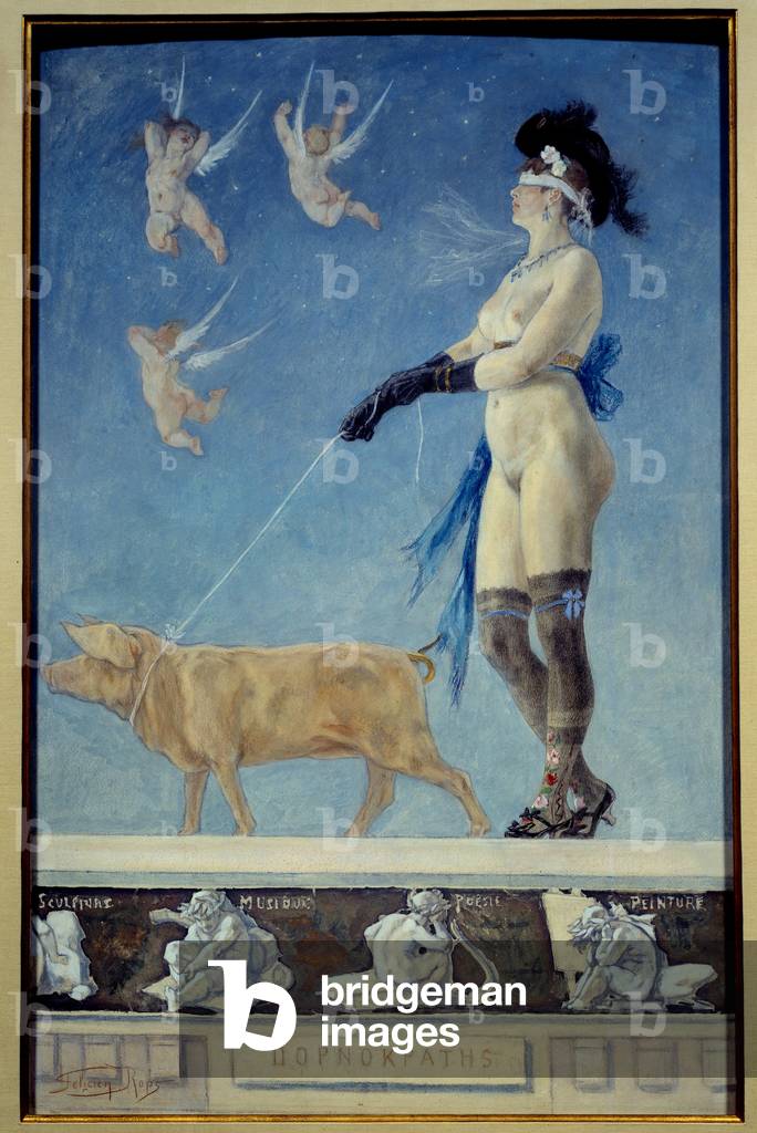 Image of Painting depicting Pornokrates. A naked woman in stockings blindfolded is pulled by a pig she holds o