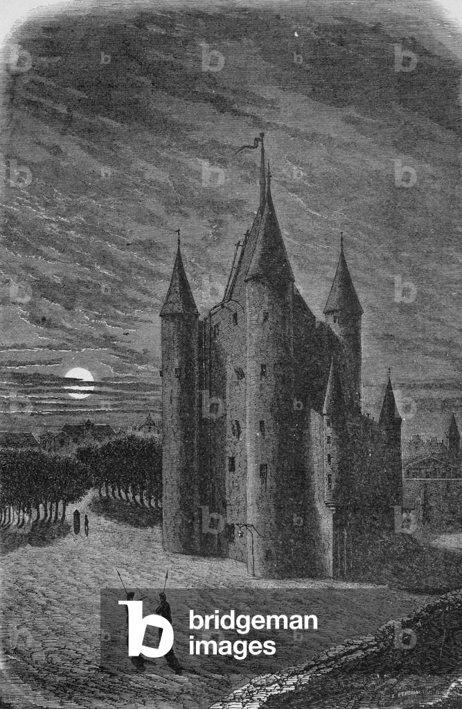 The tower of the Temple ancient Parisian fortress, depot of the royal tresor in the Middle Ages and royal prison (engraving)