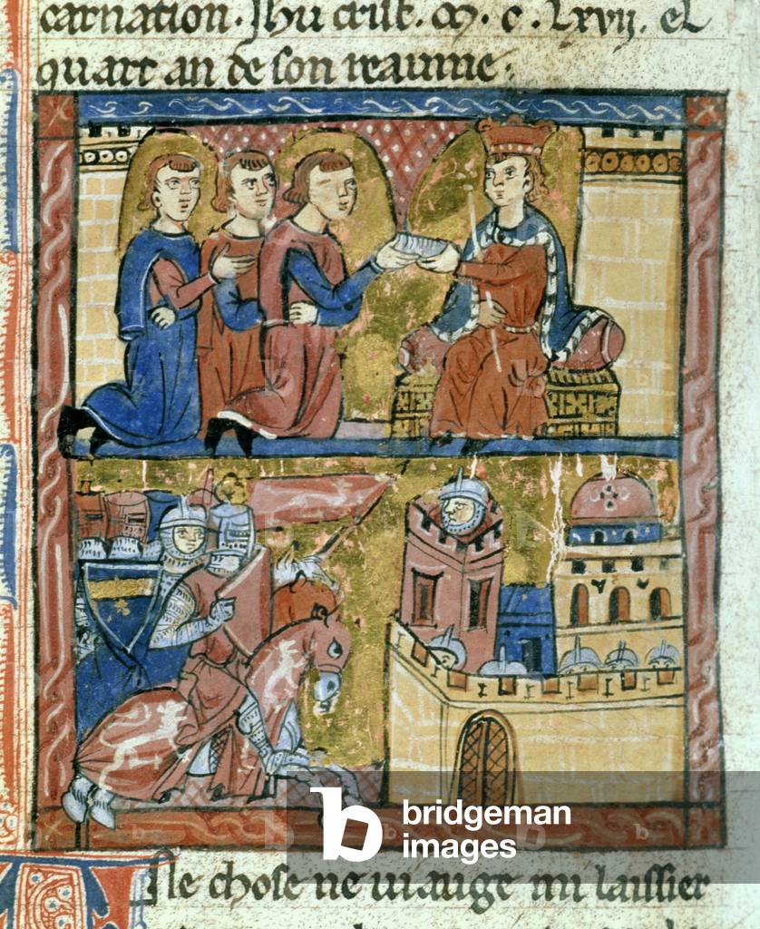 Messengers bringing a letter from the Emperor Manuel I Comnene to Amaury I of Jerusalem, 1280 (miniature)