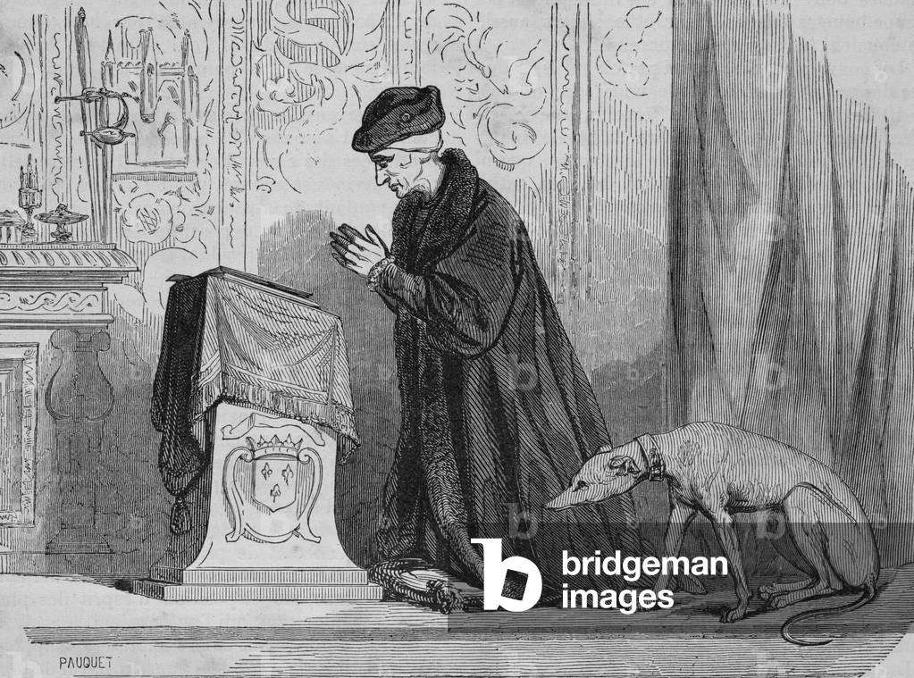 King Louis XI was continually in prayer (engraving)