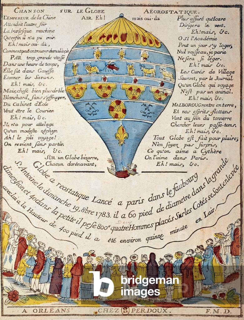Balloon flight: experience of the Montgolfier brothers on 19 October 1783 in the garden of Monsieur Reveillon, faubourg Saint Antoine in Paris (engraving)