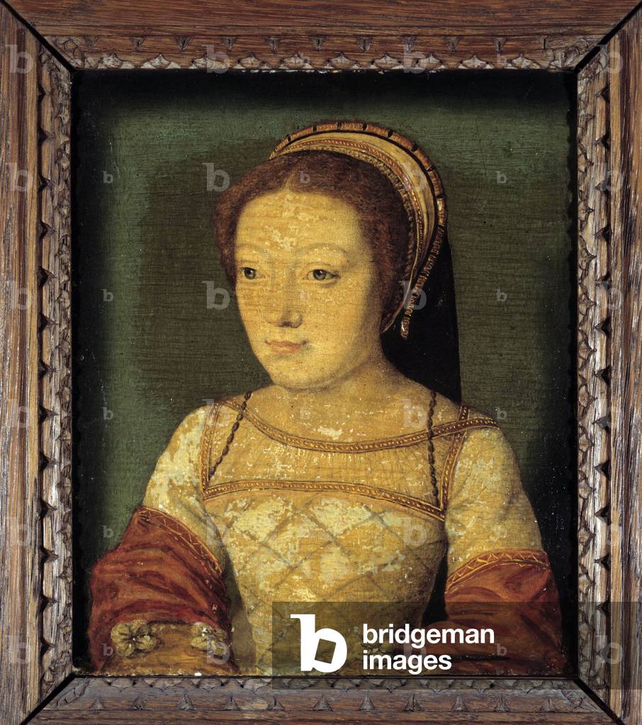 Portrait of Renee of France, daughter of Louis XII, Duchess of Ferrara, 16th century (oil om wood)