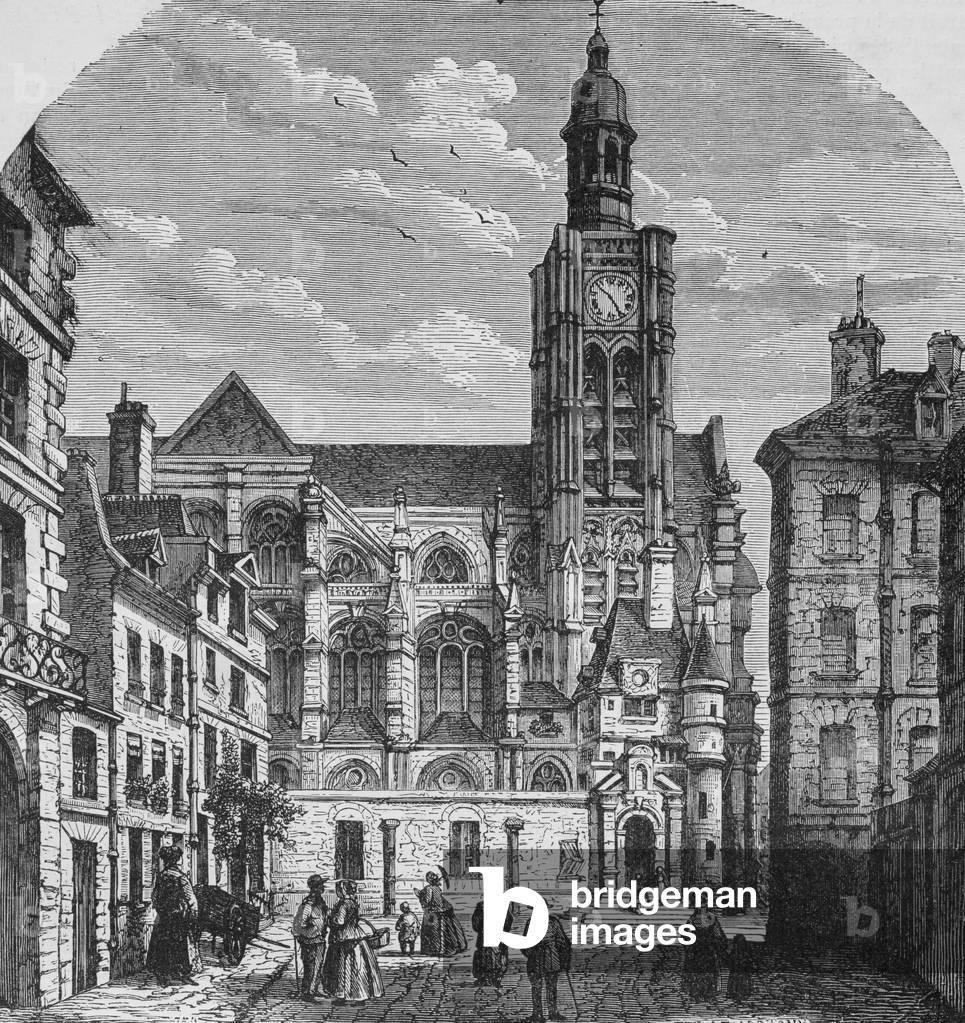 Saint Stephen of Mount. View taken from the rue de la Montagne Sainte Genevieve in the 19th century (engraving)