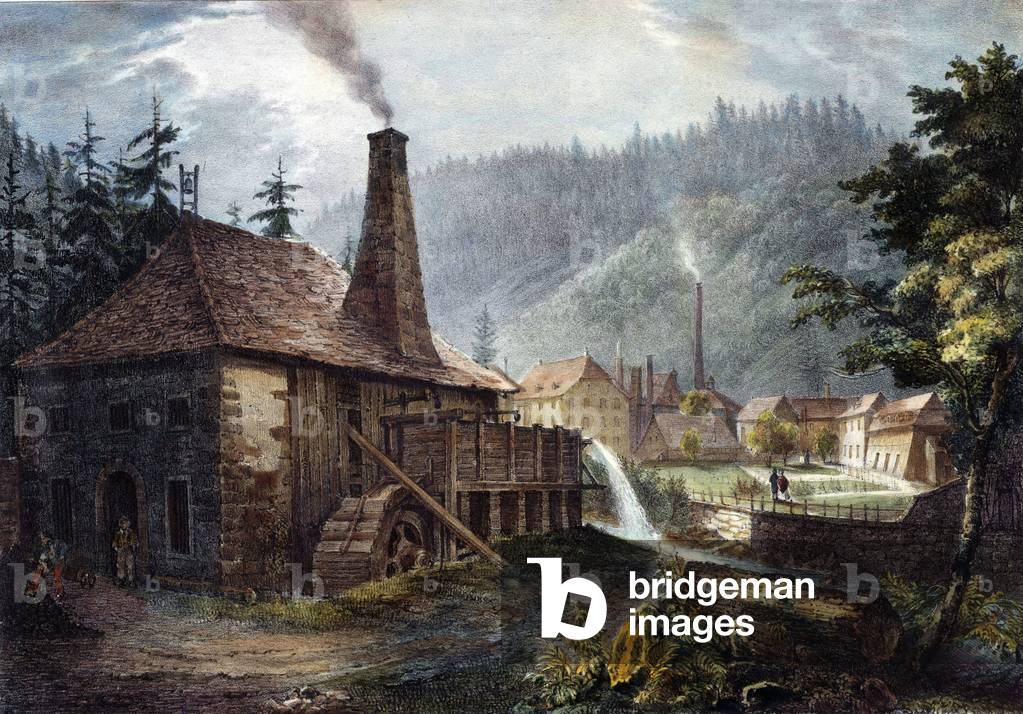 Metallurgy: View of Framont's forges, c.1850 (lithograph)