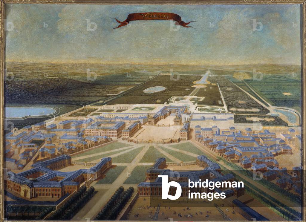 Perspective view of the stables of the castle and the gardens of Versailles, c.1710-1715 (oil on canvas)