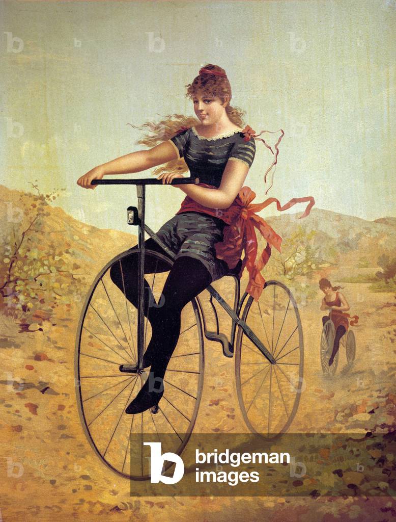 History of the bicycle: velocipedist or a woman pedal on a bike, 19th century (print)
