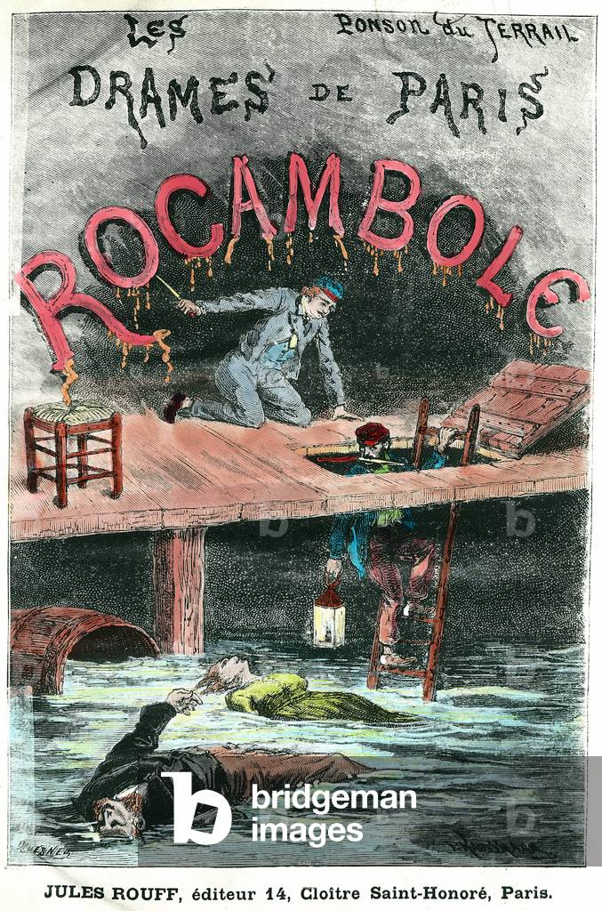 Title page of 'Rocagonle, les dramas de Paris', popular soap opera nove, 19th century (engraving)
