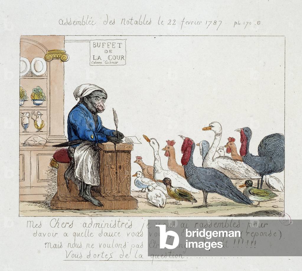 Caricature representing King Louis XVI in monkey cook presiding over an assembly composed of turkeys, hens, geese and turkeys, 18th century (engraving)