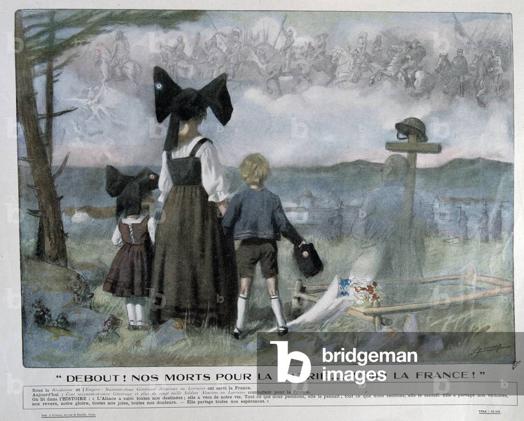 Three Alsatians honour WWI dead of Alsace Lorraine who fought for France, 20th century (etching)