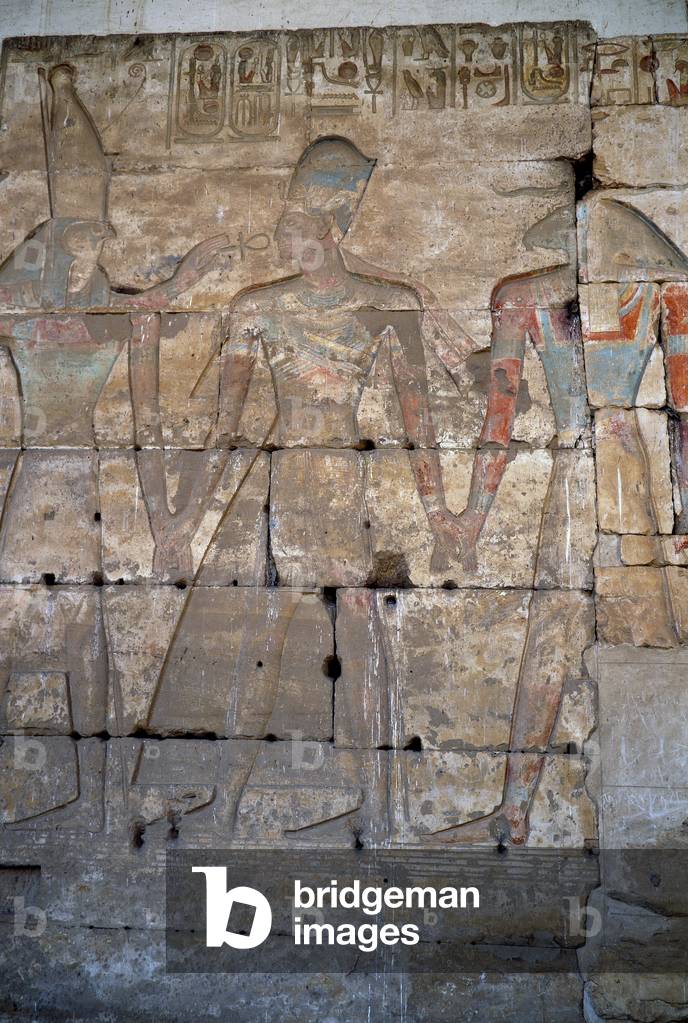 Egyptian antiquite: detail of the low reliefs of the temple of Sethi I in Abydos, 1318 BC. (bas-relief)