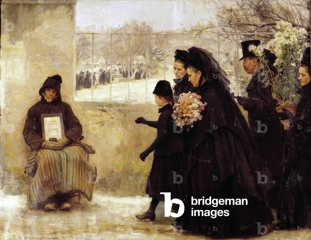 Ognissanti Una famiglia in lutto che va al cimitero regala una moneta a un vecchio che fa una cameriera, 1888 