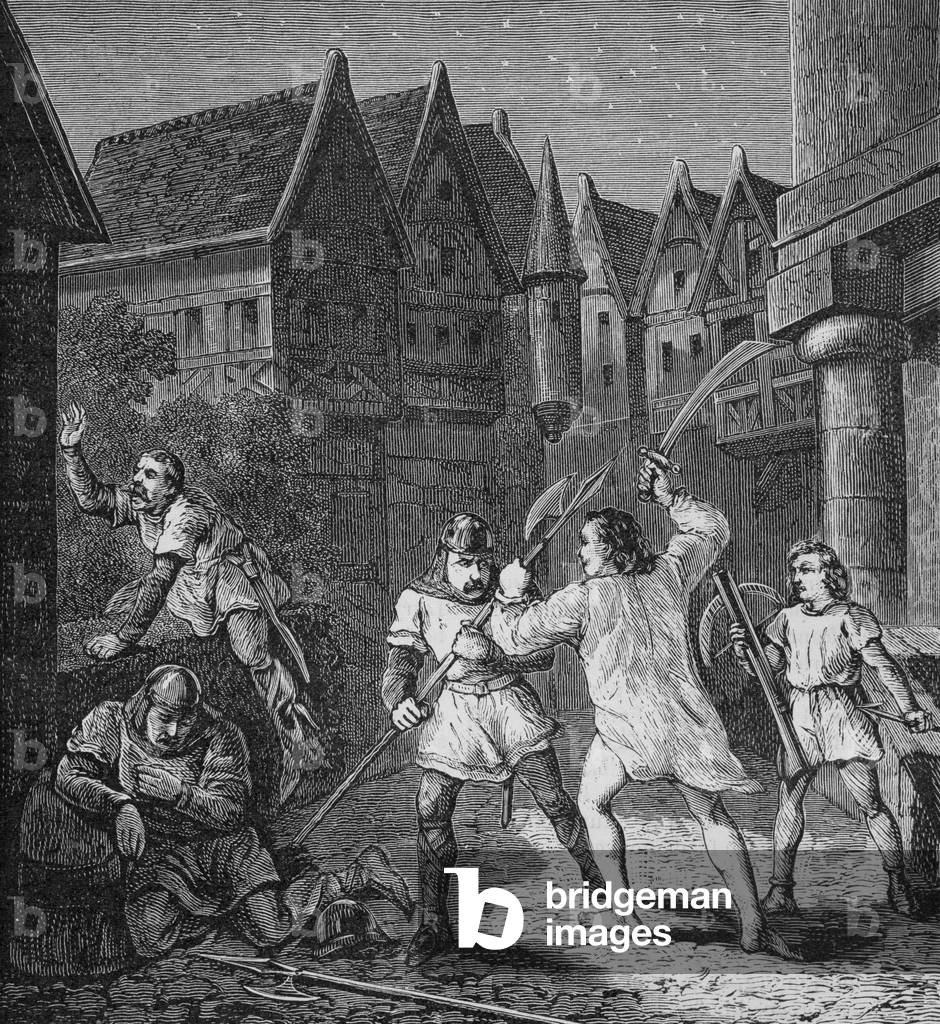 The young man, who had only his shirt, decided to take revenge from his enemies who had robbered him a little earlier (engraving)