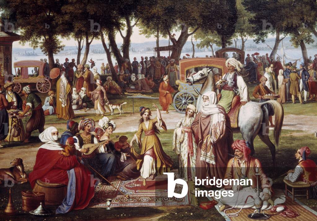 L'Asia d'acqua dolce a Costantinopoli, Sweet living: gruppo di uomini e donne che fumano, danza, dettaglio, 18