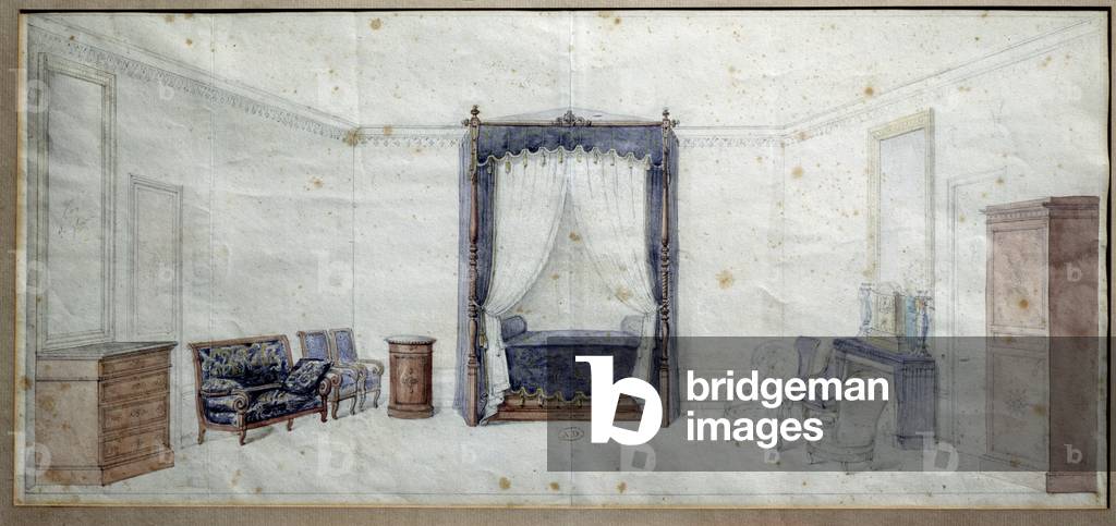 Bedroom (with chest of drawers, canape, armchair and four poster bed). w/c by Claude Aime Chenavard (1798-1838), 1828 (w/c)