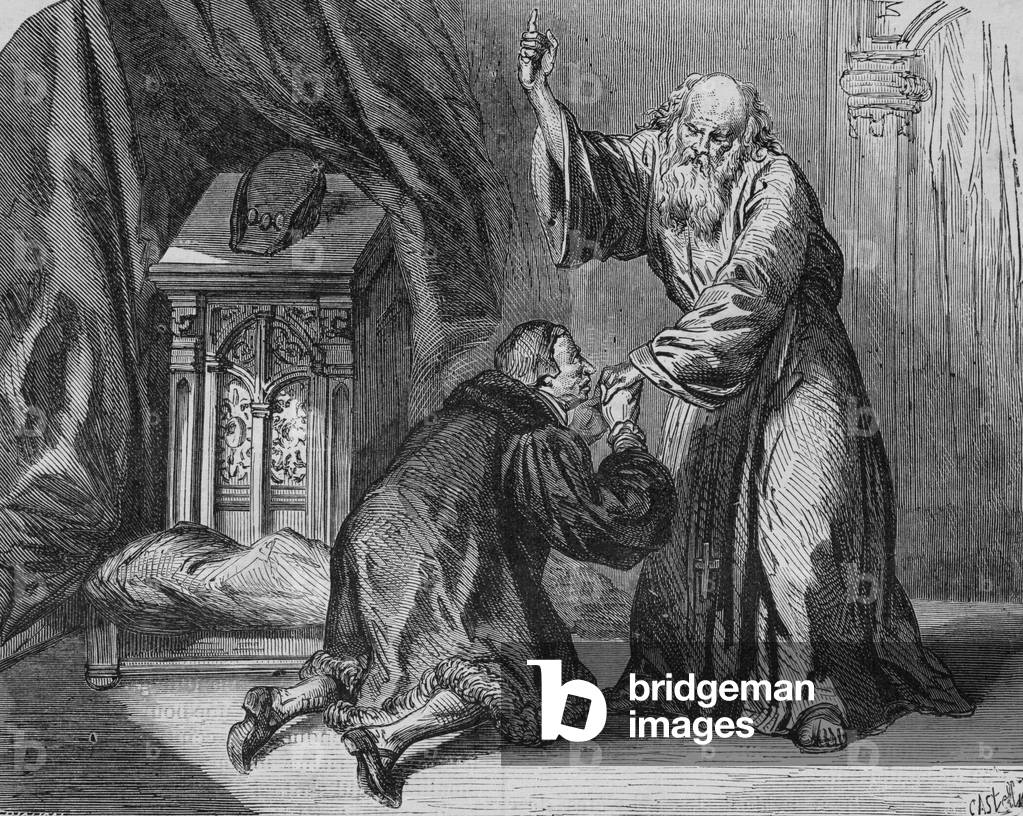 King Louis XI throws himself at the feet of Saint Francois de Paule and implores his blessings shortly before his death (engraving)