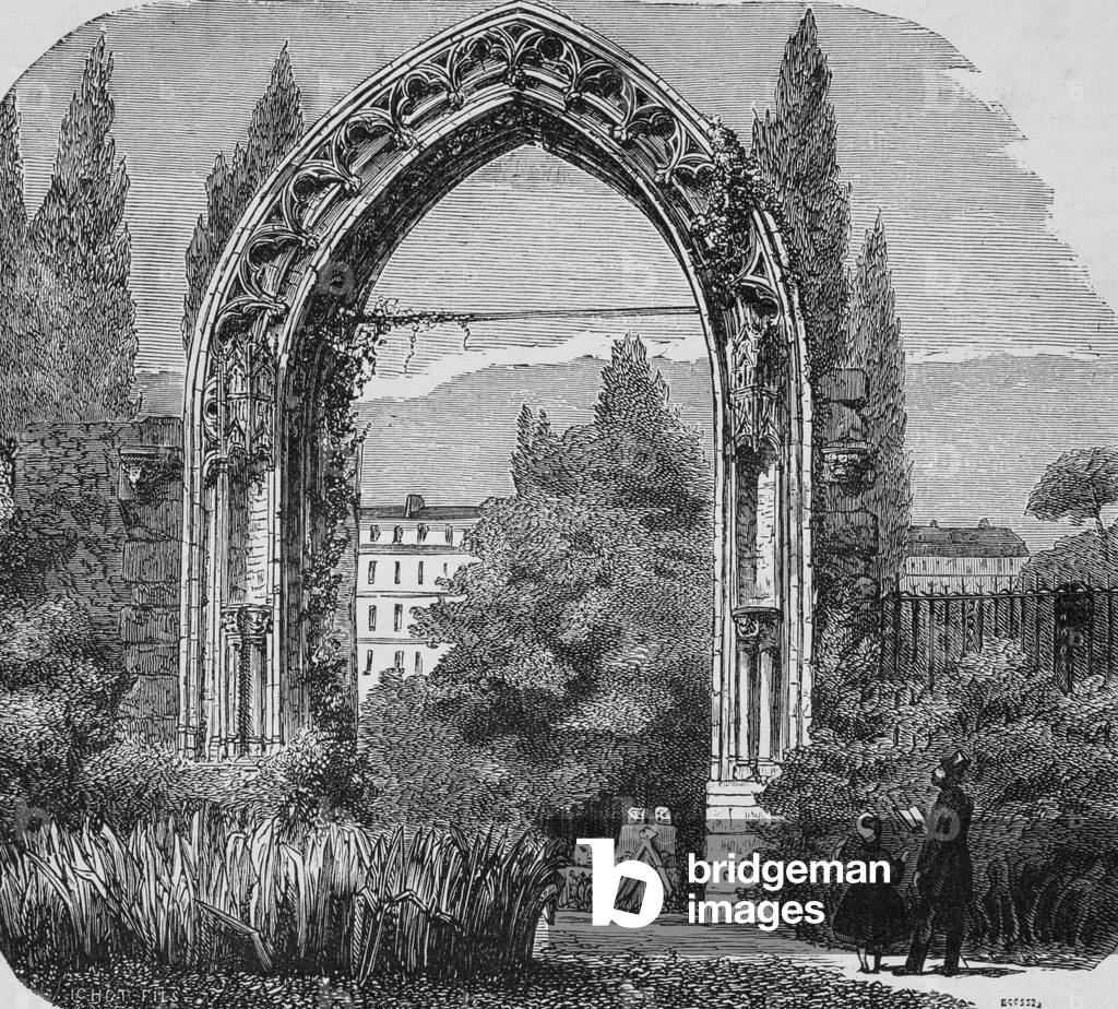 Arcades of the portal of the church of Saint Benoit, exhibits at the Musee de Cluny, 19th century (engraving)