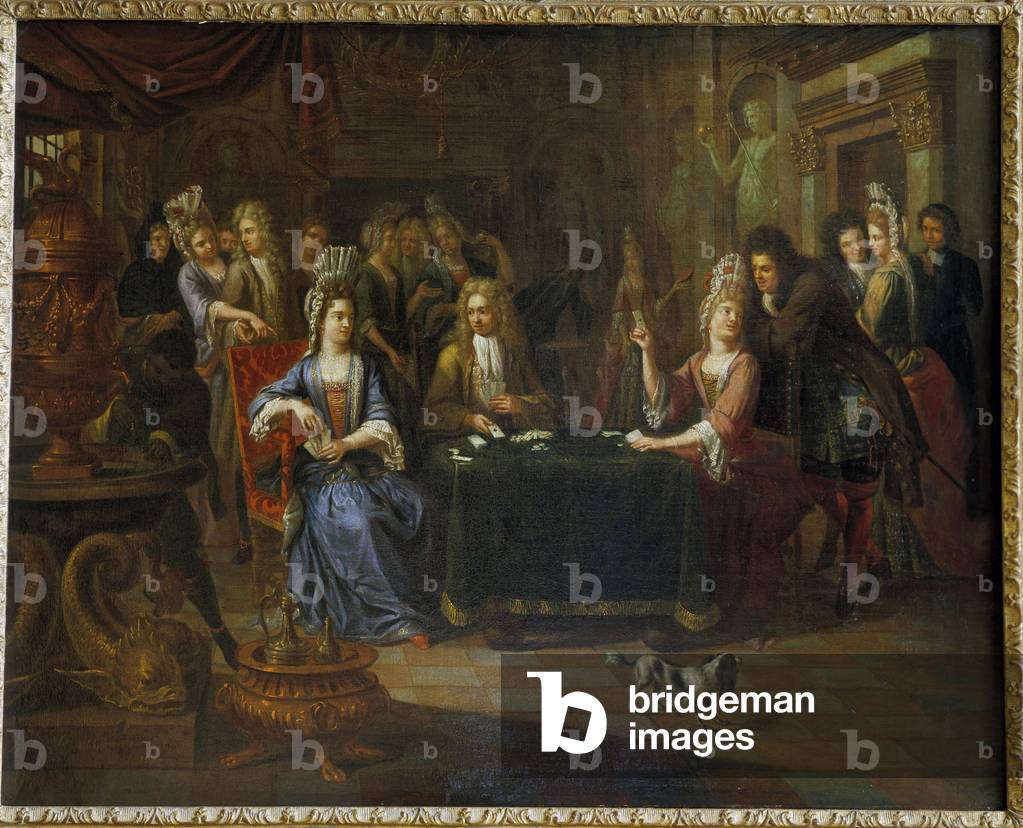 Nobili giocatori di carte che giocano a carte in un salotto, 1699 (olio su tela)