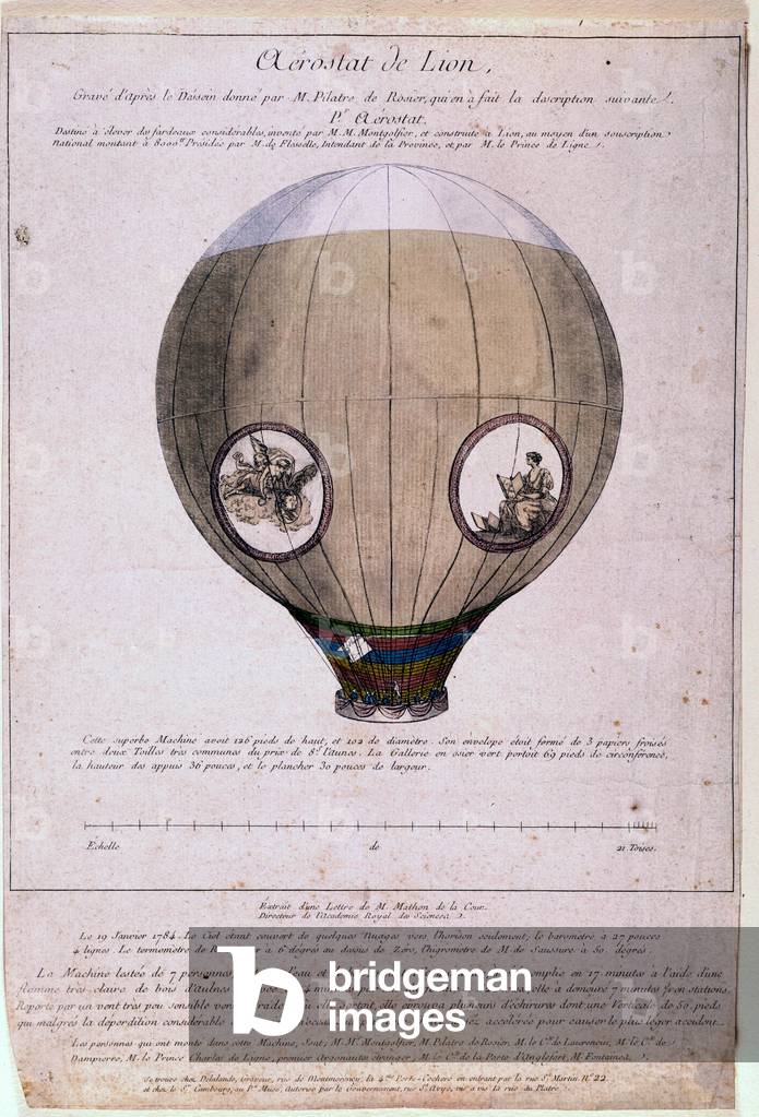 Aerostat de Lyon built from a model of the Montgolfiere brothers, 19th centuy (engraving)