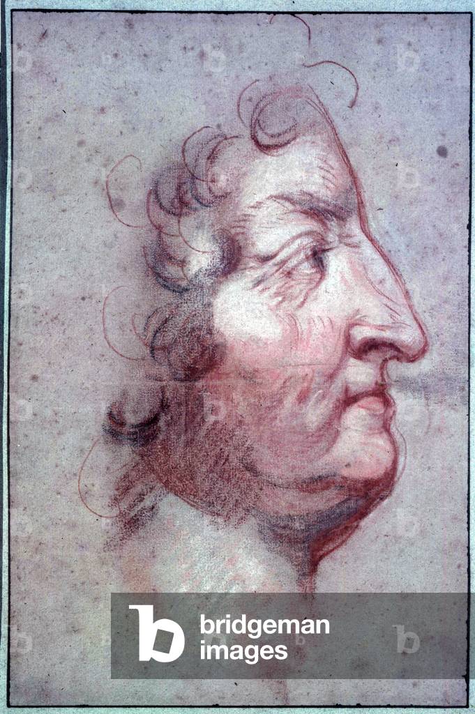 Profile portrait of the King of France Louis XIV age Drawing a la sanguine attributed to Antoine Benoit du Cercle 17th century (pencil)