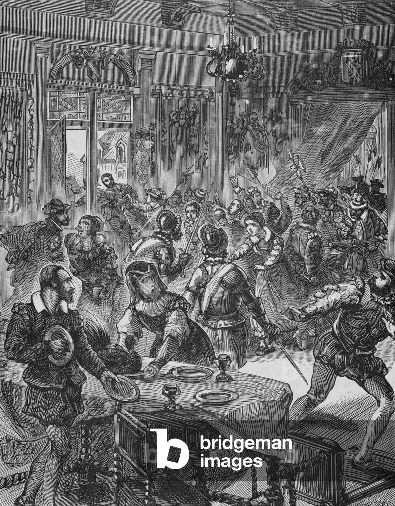 The Calvinists were surprised, preparing to eat a roti capon on a Friday are taken off (engraving)