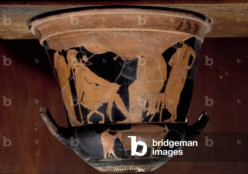 Ceramic bell crater with red figures representing the ambass of Ulysses in Seynos near Achilles. 5th century BC (ceramic)