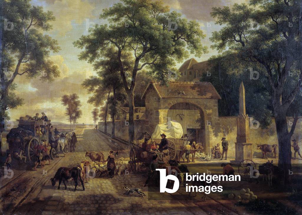 A Landscape road with cart of peasants, herds and shepherds, 19th century (oil on canvas)
