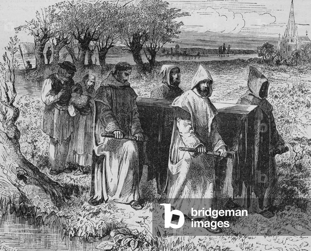 The body of Isabeau de Baviere secretly embarks at the Port Saint Landry of Paris in Saint Denis in 1435 (engraving)