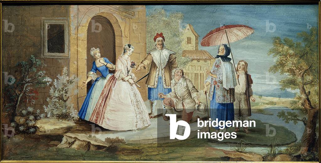 Immagine di Dipinto "«Georges Dandin» di Moliere (1668): Comici in un racconto confuso di marito" 1668 di Noel