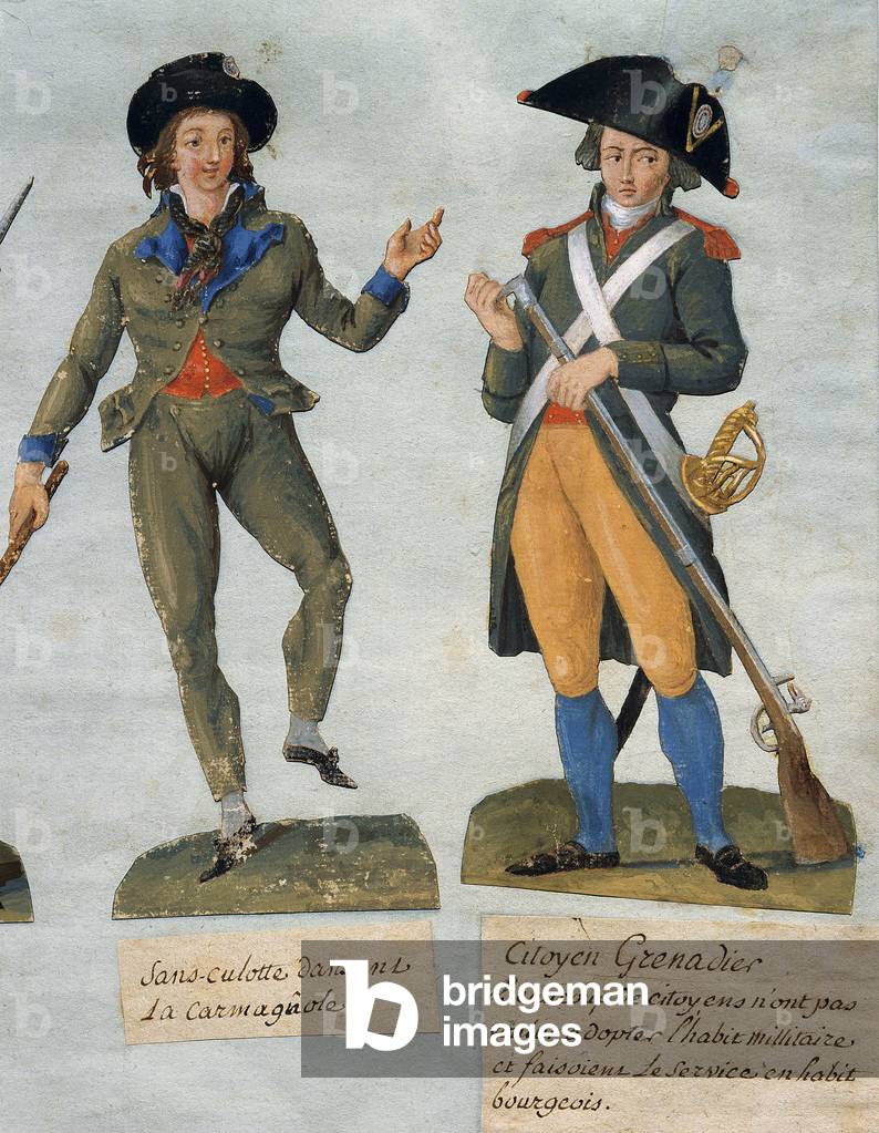 French Revolution, 1789: Without panties dancing carmagnola; and Grenadier citizen having retained his bourgeois habit, 18th century (gouache)