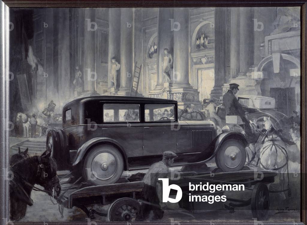 The delivery of cars to the Grand Palais for the Motor Show (oil on canvas)