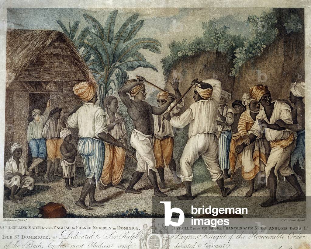 Battle between a French negre and an English negre in Santo Domingo, 1785, 18th century (engraving)