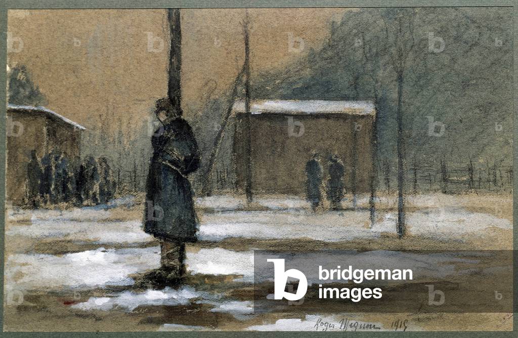 First World War: 'punished him by the post' a French soldier accuses of smoking too much near a shack is punished by the post, 1915 (pastel on paper)
