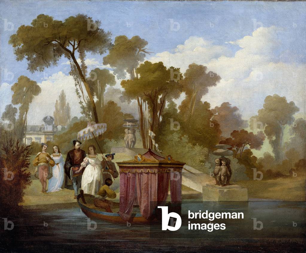Departure for the walk. A couple waiting to get into a boat with a canopy, 19th century (oil on canvas)