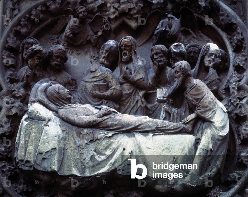 The death of the Virgin Bas exterior relief, Cathedrale Notre, Dame de Paris (stone)