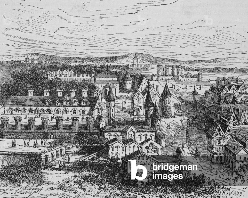 The Palais des Tournelles was located on Rue Saint Antoine, opposite the hotel Saint Paul in the 15th century (engraving)