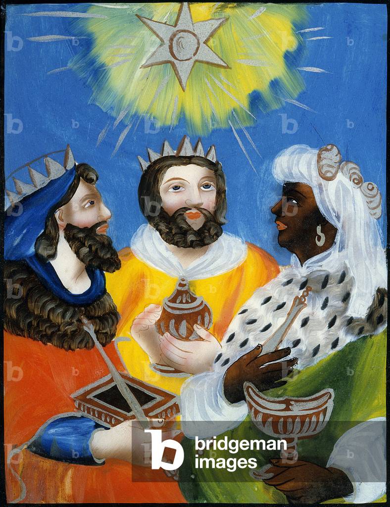 The wise men Balthazar, Melchior, Gaspard Glass painting or anonymous fixed. 19th century (oil on canvas)