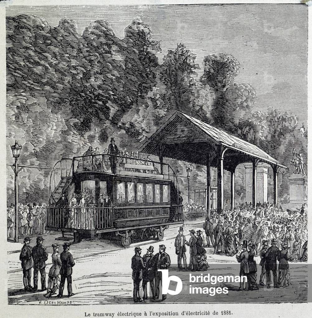 Progress in transport: the electric tramway exhibited electricite in 18819th century (engraving)