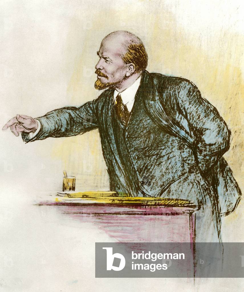 Russian Revolution: portrait of Vladimir Ilyich Ulyanov known as Lenin (1870-1924), 20th century (engraving)