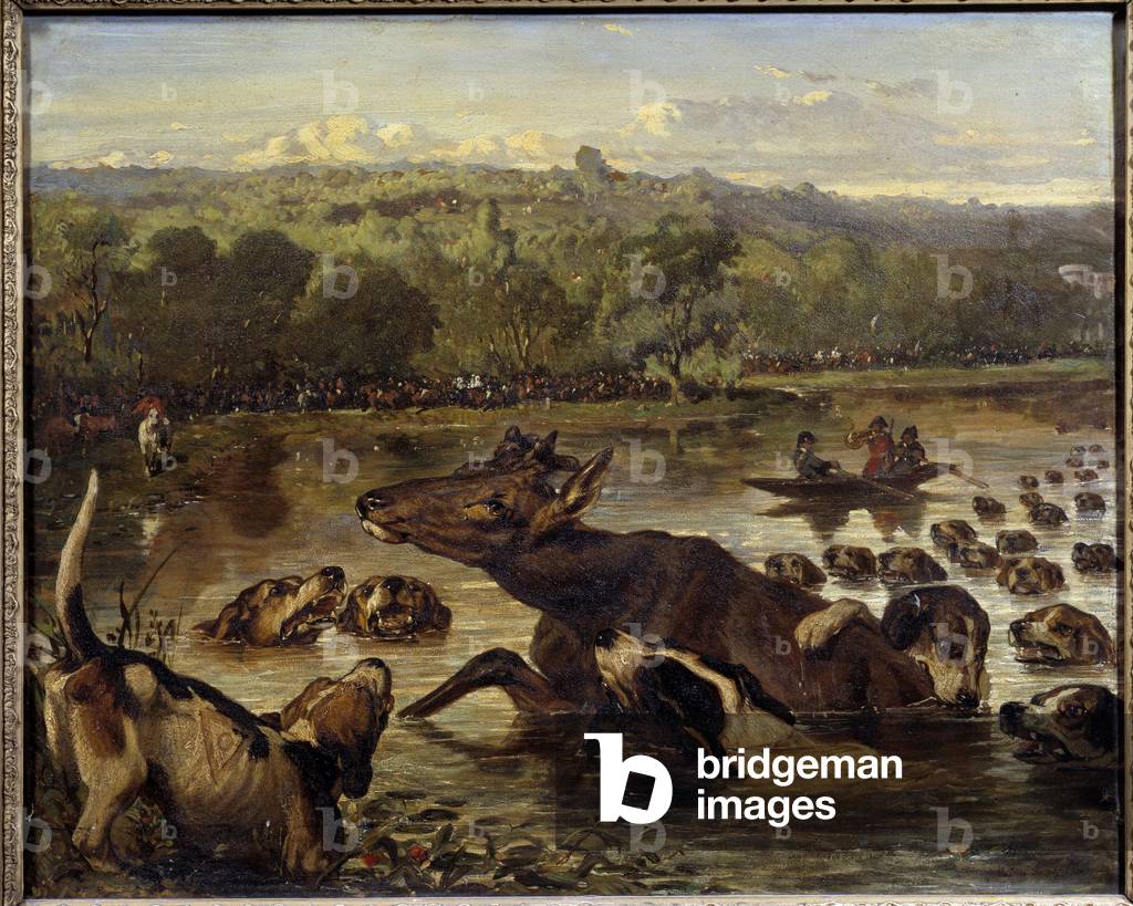 Hunting: 'L'hallali du deer aux ponds de Comelles', 19th century (oil on canvas)
