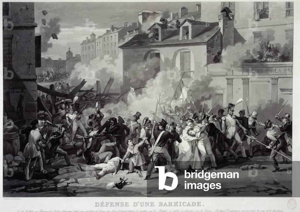 Defense of a barricade during the July Revolution (July 29, 1830), 1830 (engraving)