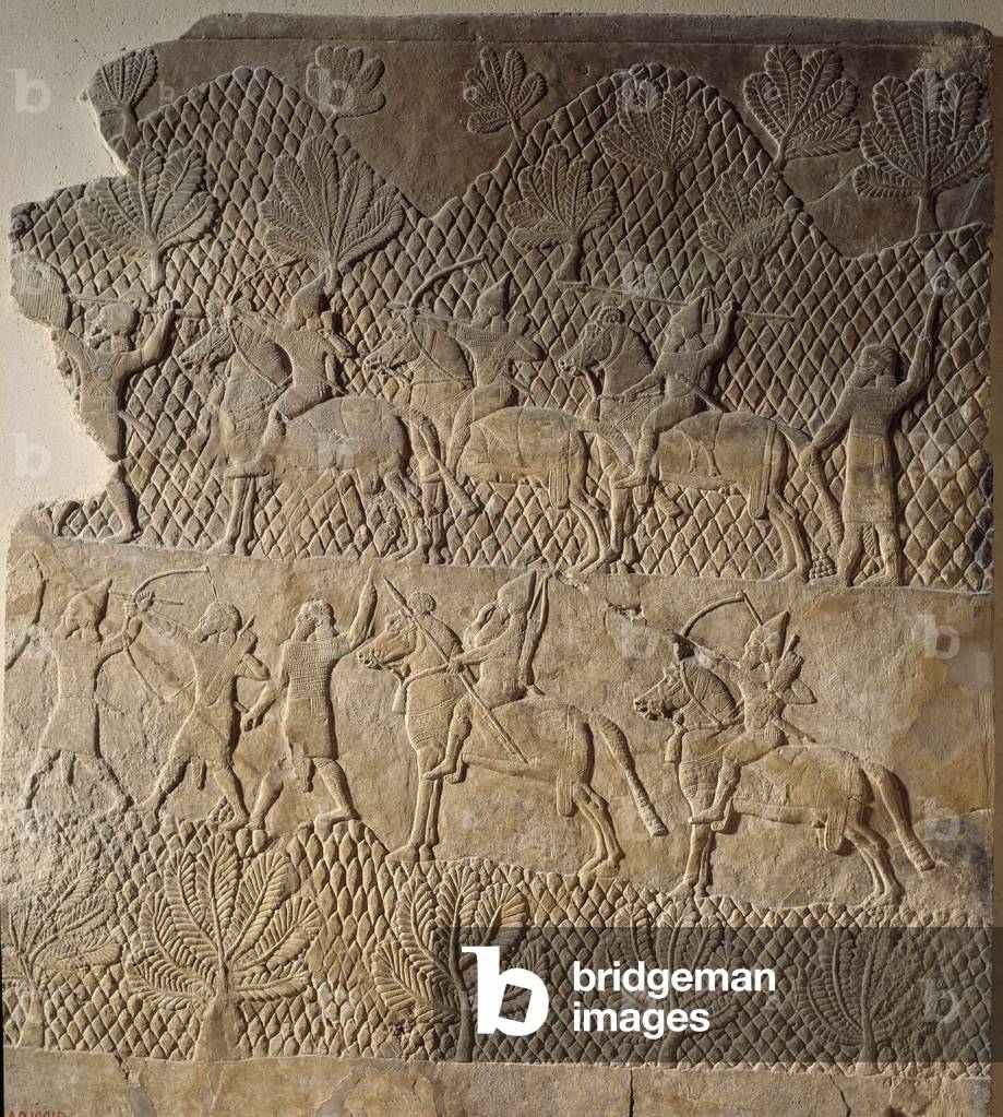 Arte orientale dell'antichità: scena di battaglia. Bassorilievo del Palazzo Assurbanipal, Assiria (VII secolo 