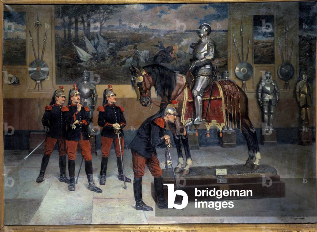 The ancestor. Men of the army observe the statue of a knight in a museum, 1921 (painting)