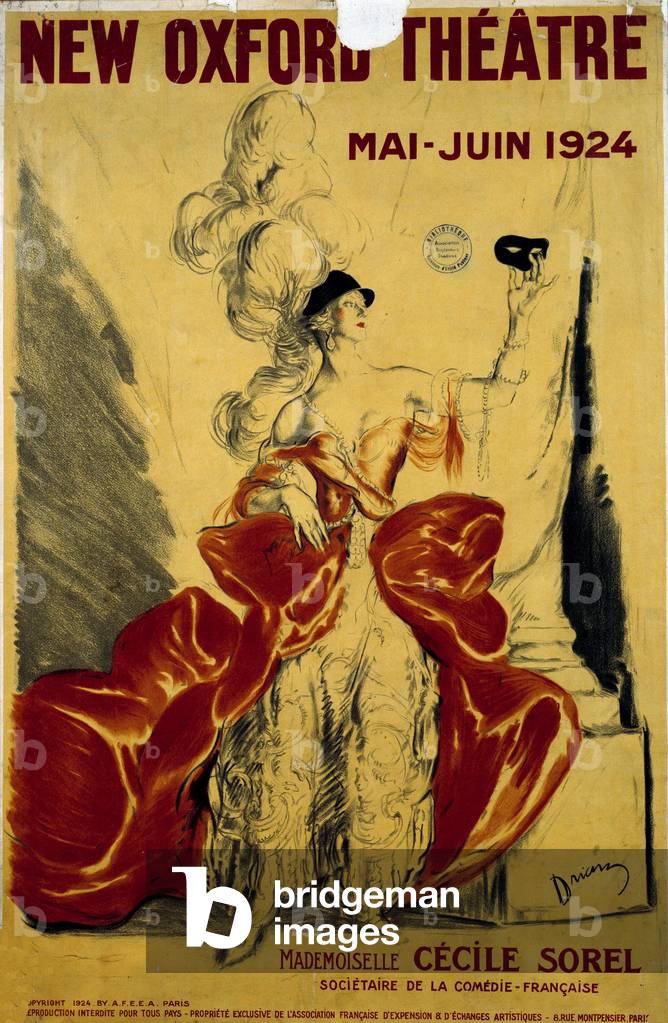 Representation of actress Cecile Sorel on the 'New Oxford Theatre' in 1924 (impression)