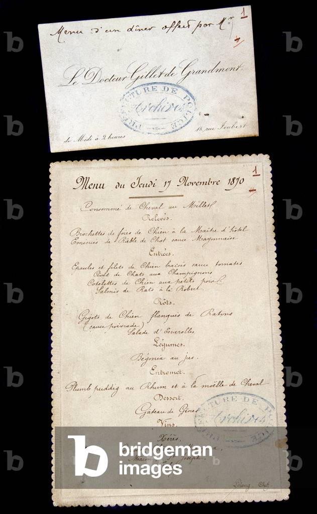 Map presenting a dinner menu under the Commune on Thursday, November 17, 1870, 19th century (print)