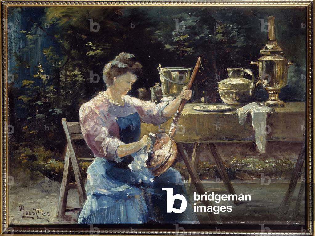 Portrait of Antoinette cleaning the brace. A woman in a garden makes a bed warmer shine with a cloth, 1905 (oil on canvas)