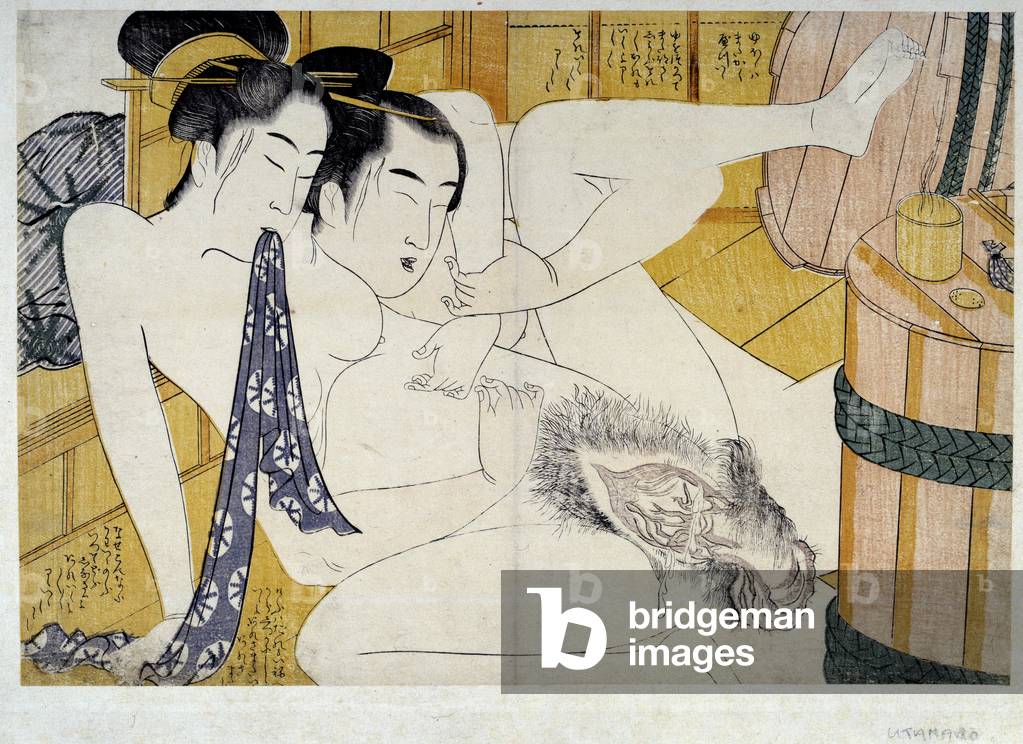 Estampe japonaise de Utamaro . Scene erotique : couple faisant l' amour , 18eme siecle. Coll. Part.